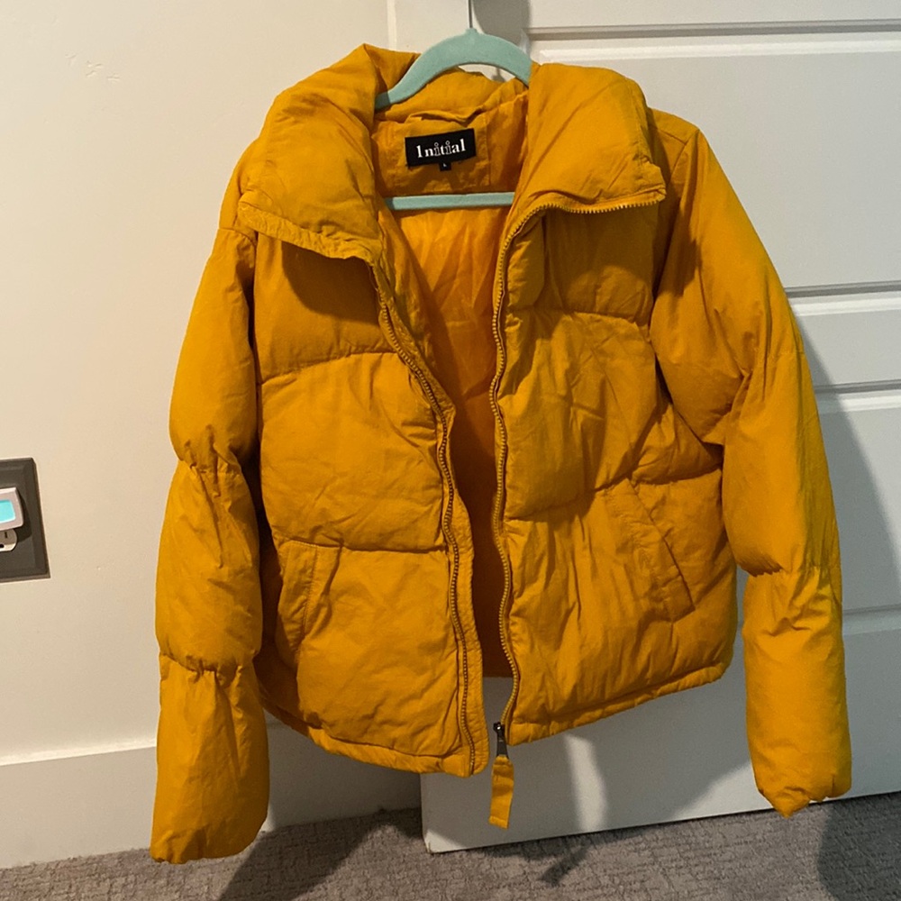 Orangey Yellow cropped puffer jacket with cinch-able waist